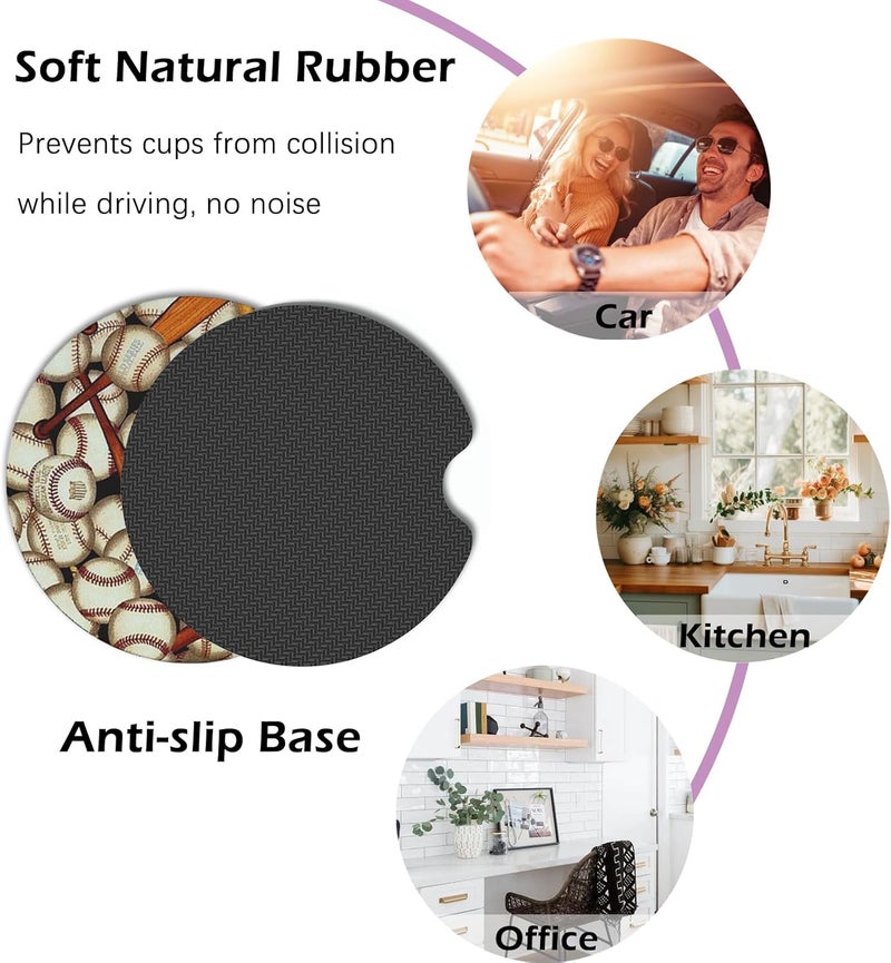 KARREAL 2 Pcs Car Cup Coasters, Baseball Sport Universal Non-Slip Rubber Car Coasters for Cup Holders 2.75 inch, Car Interior Accessories for Men - Image 5